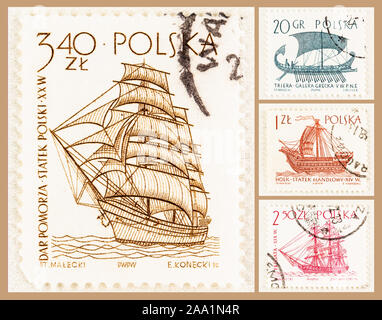 SEATTLE WASHINGTON - October 5, 2019: Four Polish stamps from the 1965 Tall Ships issue. Scott # 1301, 1305, 1211, and 1213 Stock Photo