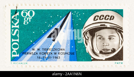 SEATTLE WASHINGTON -  October 9, 2019: Postage stamp of Poland commemorating the first woman in space, Valentina Tereshkova, in 1963. Scott # 1157. Stock Photo