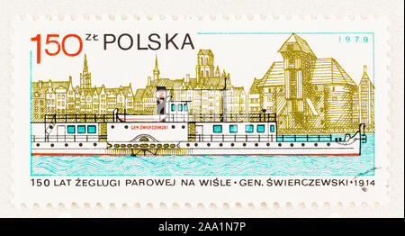 SEATTLE WASHINGTON - October 9, 2019: Postage of Poland commemorating River Boats and Navigation on the Vistula, featuring ship General Swierczewski. Stock Photo