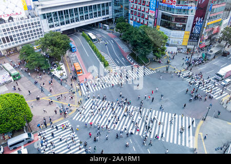 View of Shibuya Scramble Crossing in Tokyo from Above Stock Photo