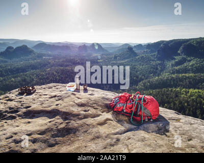 Picnic in mountains. Freedom concept. Healthy meal ready for picnic in nature. Stock Photo