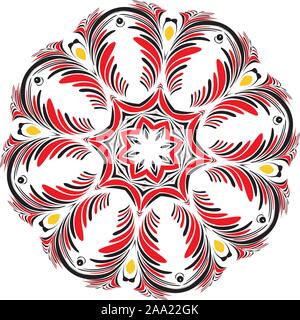Decorative round ornament made of black and red floral elements. Stock Vector