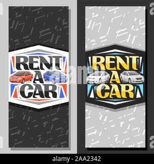 Vector layouts for Rent a Car, coupons with 2 cartoon different automobiles and original lettering for words rent a car, automotive signboard for econ Stock Vector