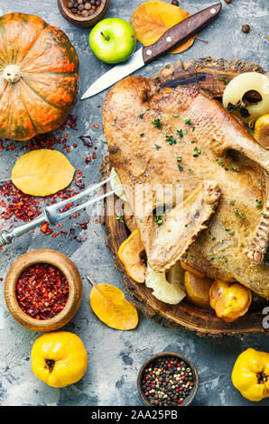 Thanksgiving table with roasted duck.Thanksgiving dinner and roasted turkey Stock Photo