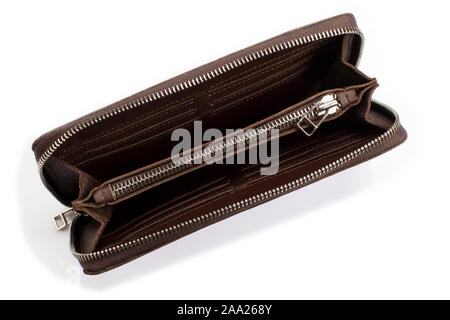 Open brown leather wallet on a white background Stock Photo