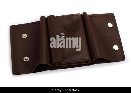 Open brown leather wallet on a white background Stock Photo