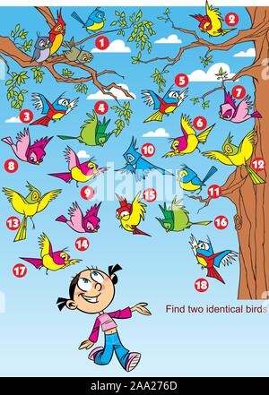 Vector illustration with a puzzle on which you need to find two same birds. Stock Vector