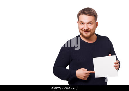 Man holding a white board, isolated on white background. Stock Photo