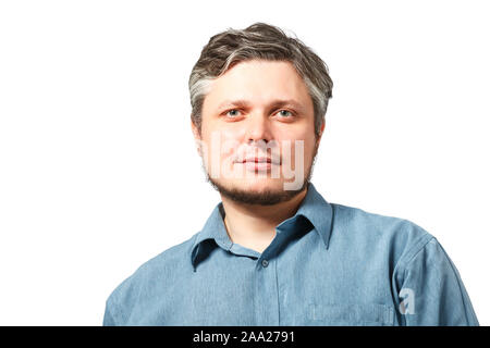 Head and shoulders portrait of a bearded middle-aged man looking thoughtfully at the camera over a white studio background with copy space Stock Photo
