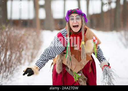 Belarus.city of Gomel. December 24, 2012. Park.Baba Yaga. Russian witch in the winter forest Stock Photo