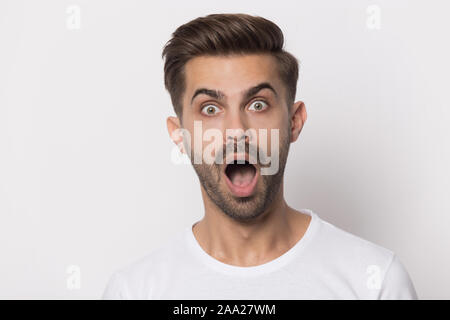 Close up portrait with shocking handsome bearded man. Stock Photo