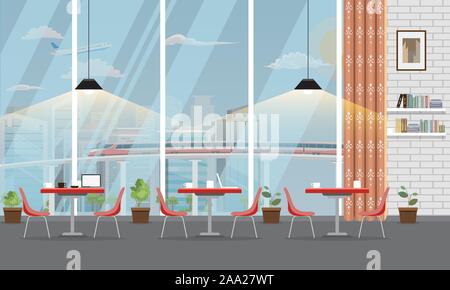 Modern Restaurant or cafe interior with large window and cityscape. Vector illustration. Stock Vector