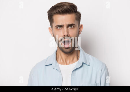 Close up portrait with scared handsome bearded man. Stock Photo