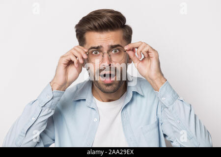Close up portrait with frustrated handsome bearded man. Stock Photo