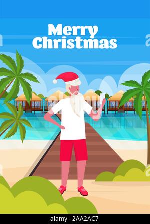 man wearing santa claus hat using smartphone on tropical beach new year christmas vacation holiday concept seascape background greeting card full length vertical vector illustration Stock Vector