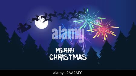 santa flying in sleigh with reindeers festive colorful fireworks salute in night sky over snowy pine forest merry christmas happy new year winter holidays concept greeting card horizontal vector illustration Stock Vector