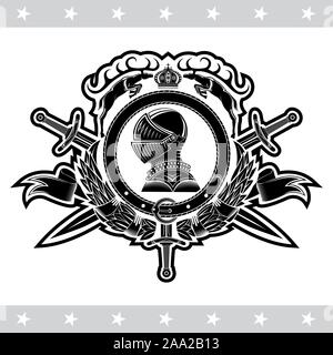 Knight helmet in center of round belt with wreath and crossed swords between deer. Heraldic vintage label isolated on white Stock Vector