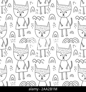 Seamless scandinavian holidays theme fox in forest and christmas clouds. Background pattern in vector. Cute animal for wallpaper, textile and kids Stock Vector