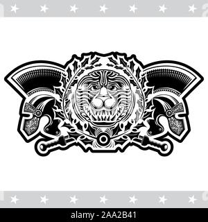 Lion head with crossed swords and laurel wreath between Spartan helmets. Heraldic vintage label on white Stock Vector