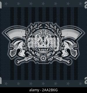 Lion head with crossed swords and laurel wreath between Spartan helmets. Heraldic vintage label on blackboard Stock Vector
