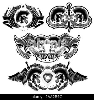 Set of labels with Spartan helmets, wreathes, sword and wing. Heraldic vintage elements on white Stock Vector