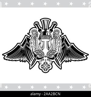 Spartan helmet front view between wreath, crossed swords and wings. Heraldic vintage label on white Stock Vector