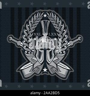 Spartan helmet front view between wreath with crossed swords. Heraldic vintage label on blackboard Stock Vector