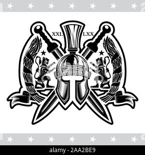Spartan helmet front view with crossed swords between lions and laurel branches. Heraldic vintage label on white Stock Vector