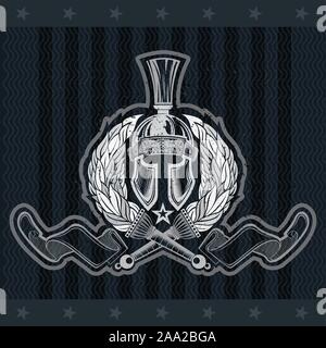 Spartan helmet front view between crossed torches flame pattern and ribbon. Heraldic vintage label on blackboard Stock Vector
