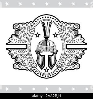 Spartan helmet front view in the center oval frame with pattern. Heraldic vintage label on white Stock Vector
