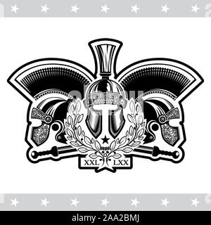 Spartan helmet front view with crossed sword between helmets and laurel wreath. Heraldic vintage label on white Stock Vector
