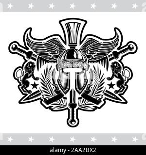 Spartan helmet front view with wings between wreath, crossed swords and lions. Heraldic vintage label on white Stock Vector