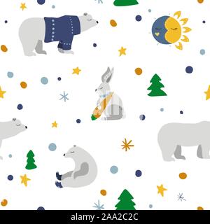 Winter forest. White polar bear, hare. Fir tree, moon and sun. Vector illustration. Seamless pattern background. Stock Vector