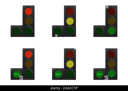 Set of traffic lights. Red, yellow and green. Arrow turn left. Vector illustration. Stock Vector