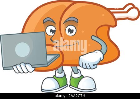 Roast turkey food cartoon with character with bring laptop Stock Vector