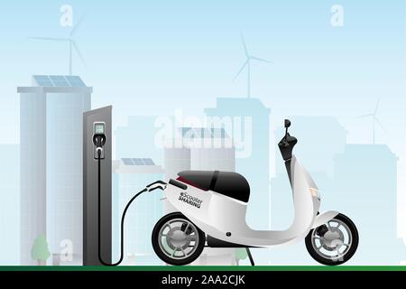 Electric scooter for sharing with charging station on a city street Stock Vector