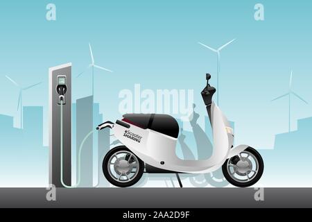 Electric scooter for sharing with charging station on a city street Stock Vector