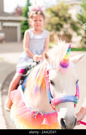 Little girl riding a unicorn at the little girl birthday party. Stock Photo