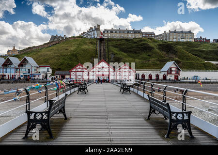 Saltburn Pier, located in Saltburn-by-the-Sea, built in 1869, the only remaining pleasure pier on the Yorkshire and North East coast of England Stock Photo