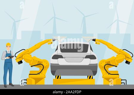 Engineer with a digital tablet controls robots on the car assembly line ...