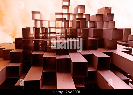 long metal squares welded together against a red sky Stock Photo