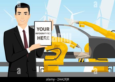 Engineer with a digital tablet controls robots on the car assembly line. Smart factory. Vector illustration Stock Vector