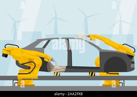 Welding robots on the car assembly line. Smart factory. Vector illustration Stock Vector