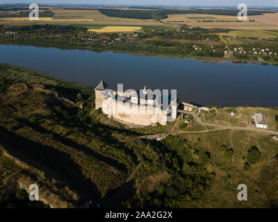 Aerial view medieval fortress in Khotyn town West Ukraine near by Dniestr river