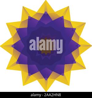 Stylized round geometric background made of purple and golden polygons. Stock Vector