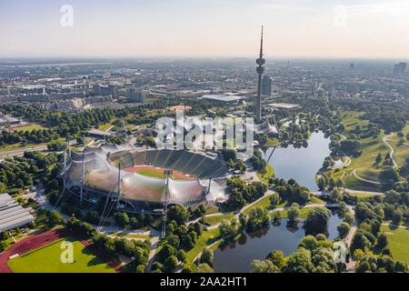 Aerial view, Olympic site, park with Olympic lake and television tower, Olympic tower, Olympic stadium, Olympic park, Munich, Upper Bavaria, Bavaria Stock Photo