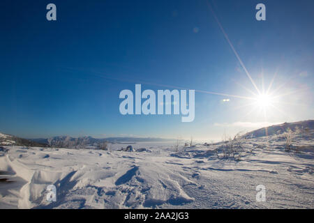 Winter panoramic view at White sea and mountains near Kandalaksha Russia , ?ross mountain Stock Photo