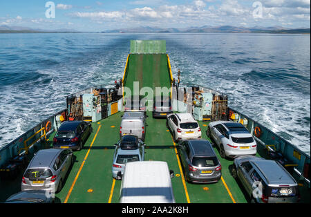 View above car deck over stern of the Caledonian MacBrayne Ferry MV Hebridean Isles during crossing from Oban to the Isle of Colonsay, Scotland, UK Stock Photo