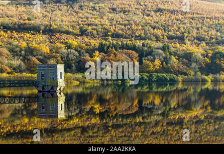 Autumn reflections on the Talybont Reservoir in the Brecon Beacons National Park Powys south Wales. Autumn has arrived.