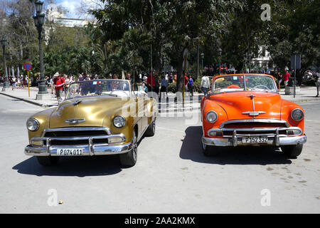 HAVANA, CUBA - 15 December 2016 : Classic vintage American cars in Havana, Cuba, displayed for rental to foreign tourists. Stock Photo